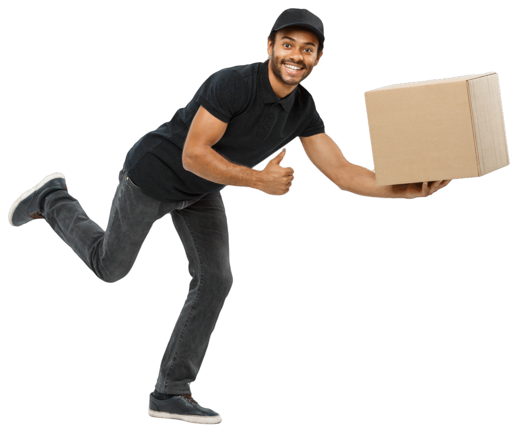 delivery concept handsome african american delivery man rush running delivering package customer isolated grey studio background copy space